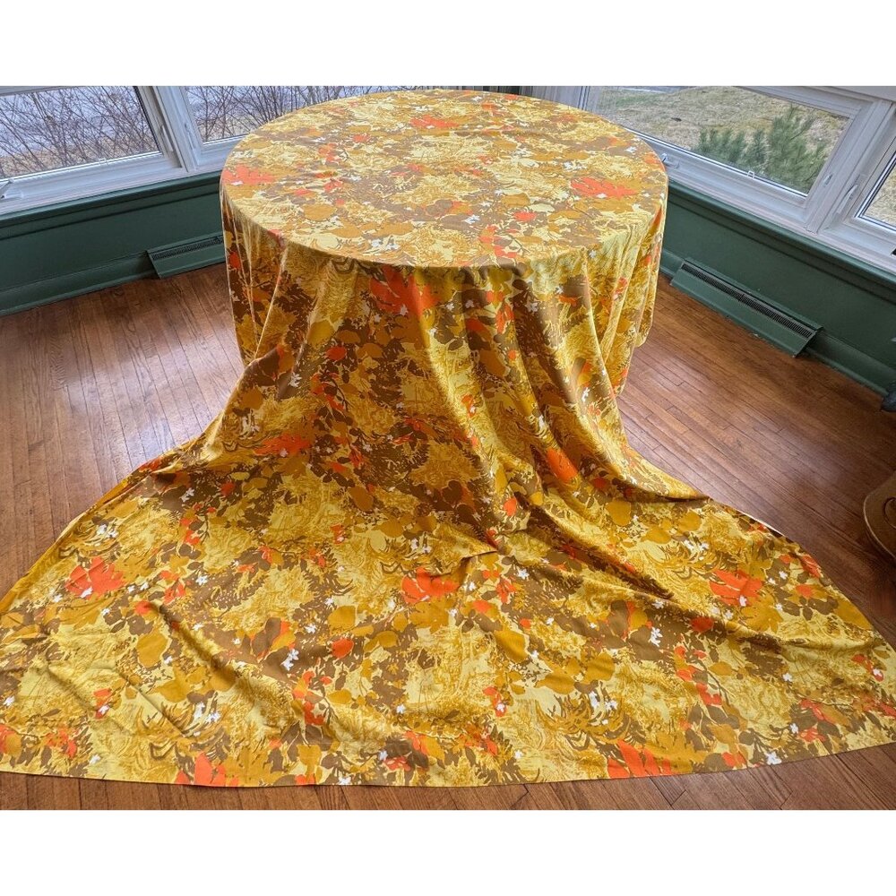 Vintage 70s flat sheet, orange, brown, yellow flowers, queen size, Pepperell